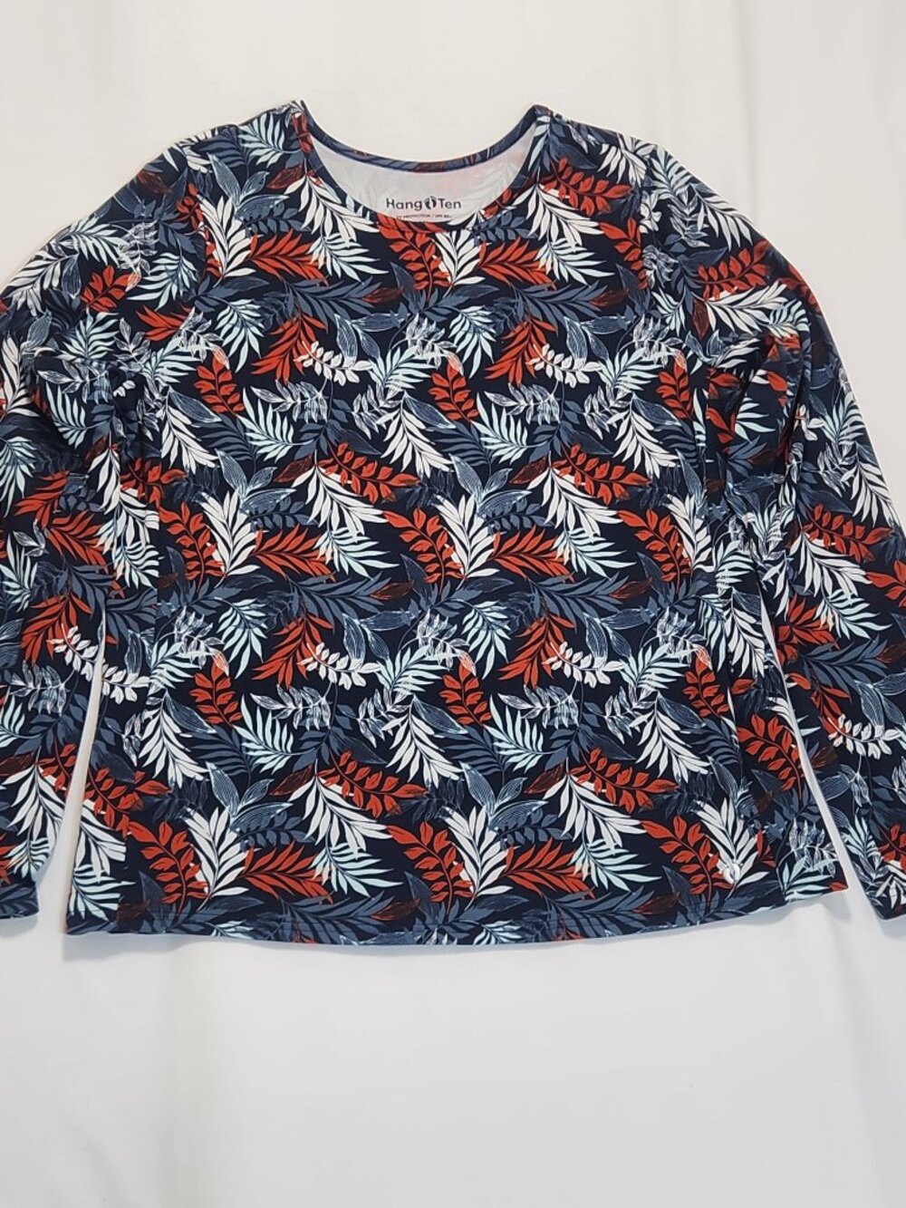 Hang Ten Womens XL Long Sleeve Rashguard Sun Shirt Blue Palm Floral UPF50 Pocket